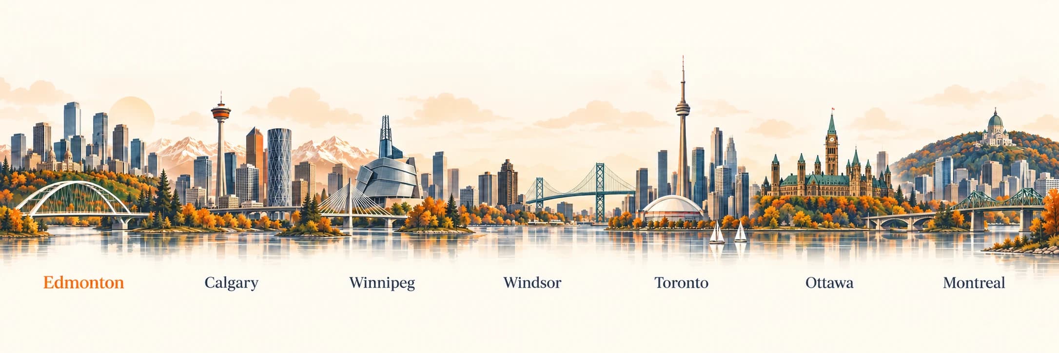 Illustrated skylines of Edmonton, Calgary, Winnipeg, Windsor, Toronto, Ottawa and Montreal